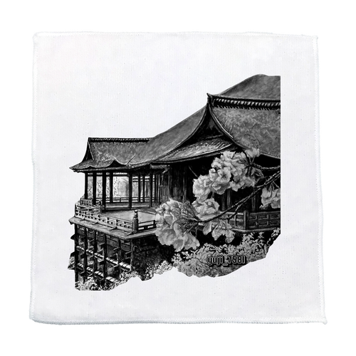 水彩画デザインハンカチ　清水寺 マイクロファイバーハンカチ20cm
