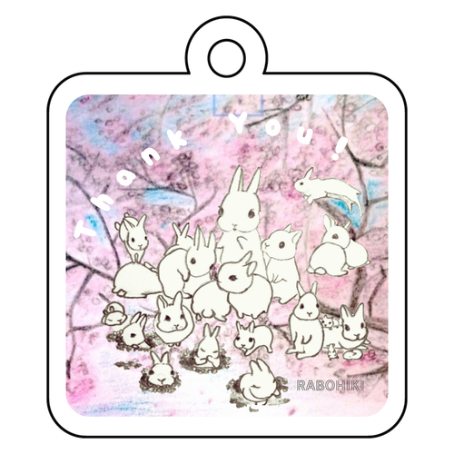 うさぎの家族と桜 Thank You！ アクリルキーホルダー　四角型 (4cm)