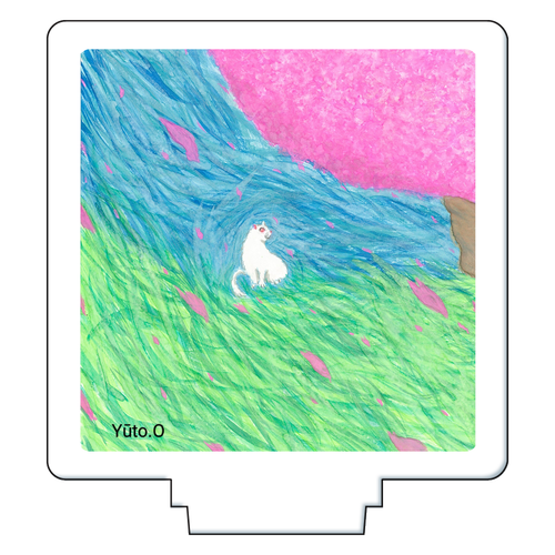 『桜を観る白猫』アクリルスタンド アクリルフィギュア正方形(50×50mm)