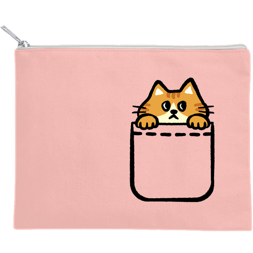 ポケットから猫_茶トラ猫 キャンバスフラットポーチ（M）【白プリント有】