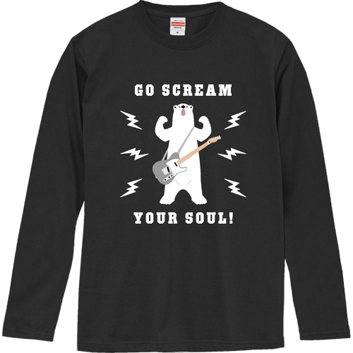 エレキギターとシロクマ君 typeA グレイ ロングスリーブTシャツ