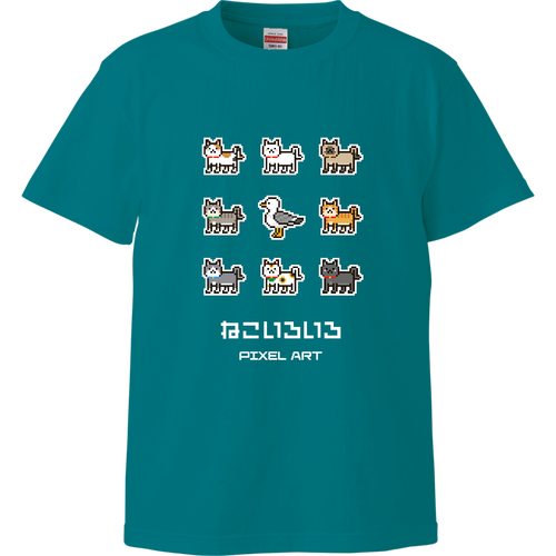 ねこいろいろ(文字ホワイト) ピクセルアート ハイクオリティーTシャツ