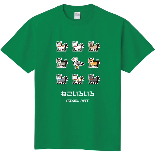 ねこいろいろ(文字ホワイト) ピクセルアート 定番Ｔシャツ