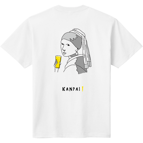 名画 × BEER（真珠の耳飾りの少女）黒線画 バックプリント | 即日Ｔシャツ(TOMS-85) 即日Ｔシャツ(TOMS-85)
