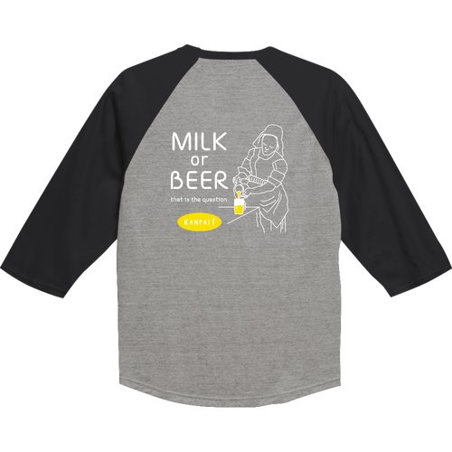 名画 × BEER(牛乳を注ぐ女)白メッセージ バックプリント | ラグランTシャツ（七分袖） ラグランTシャツ（七分袖）