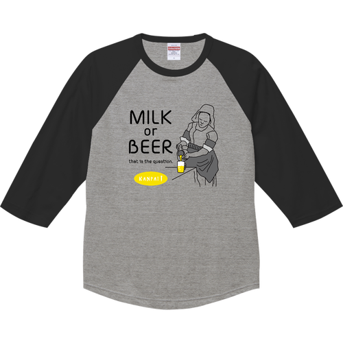 名画 × BEER(牛乳を注ぐ女)黒メッセージ | ラグランTシャツ（七分袖） ラグランTシャツ（七分袖）