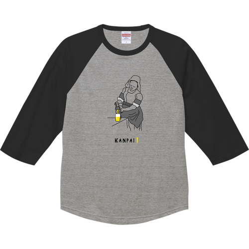 名画 × BEER(牛乳を注ぐ女)黒線画 | ラグランTシャツ（七分袖） ラグランTシャツ（七分袖）