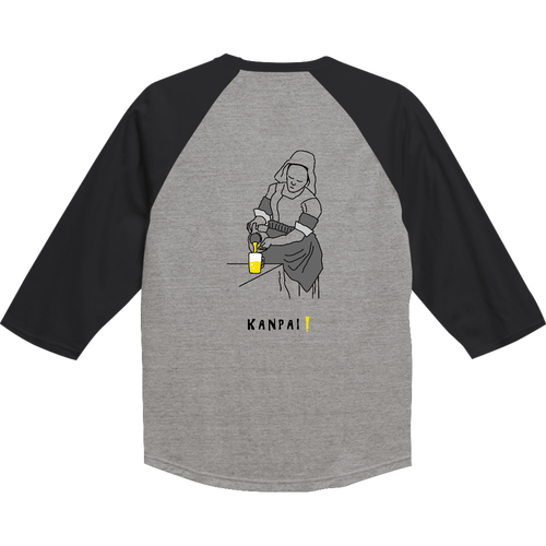 名画 × BEER(牛乳を注ぐ女)黒線画 バックプリント | ラグランTシャツ（七分袖） ラグランTシャツ（七分袖）