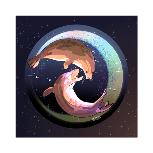 Seals dancing in the moonlit night ピクチャースタイル ハンドタオル