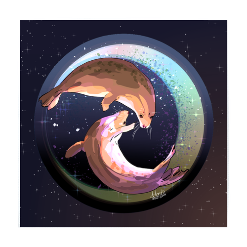 Seals dancing in the moonlit night ソフトタッチミニタオル