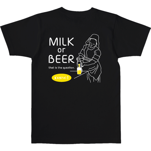 牛乳を注ぐ女×BEER 白メッセージ バックプリント | オープンエンド マックスウェイト Tシャツ オープンエンド マックスウェイト Tシャツ