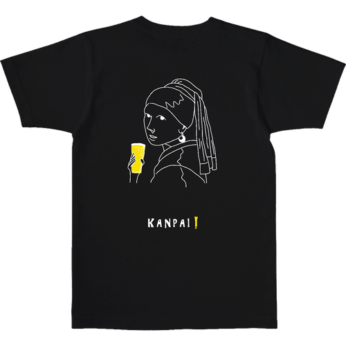 真珠の耳飾りの少女×BEER 白線画 バックプリント | オープンエンド マックスウェイト Tシャツ オープンエンド マックスウェイト Tシャツ