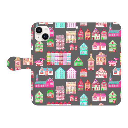 かわいいおうち(black)/iPhone手帳型ケース iPhone15 Plus 手帳型スマホケース