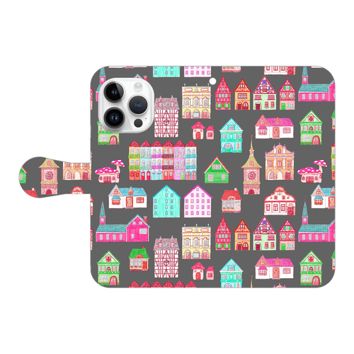 かわいいおうち(black)/iPhone手帳型ケース iPhone15 Pro 手帳型スマホケース