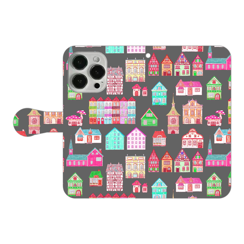 かわいいおうち(black)/iPhone手帳型ケース iPhone14 Pro 手帳型スマホケース