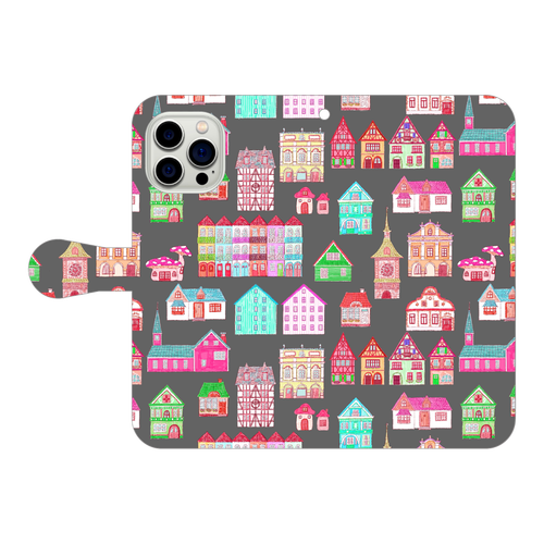 かわいいおうち(black)/iPhone手帳型ケース iPhone15 Pro Max 手帳型スマホケース