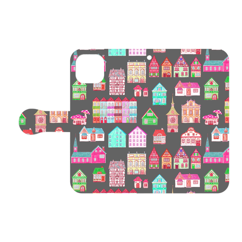 かわいいおうち(black)/iPhone手帳型ケース iPhone13 手帳型スマホケース