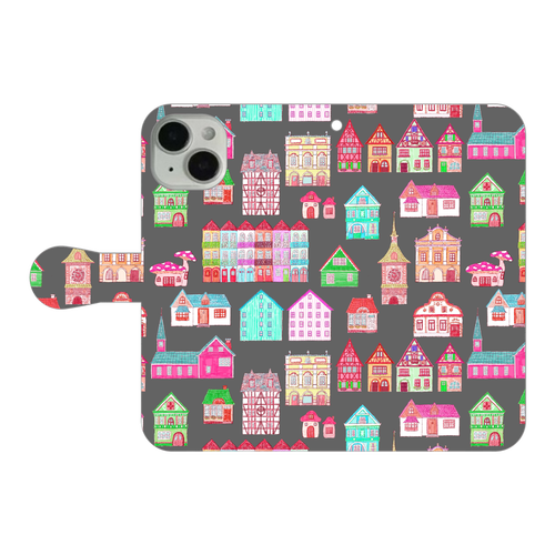 かわいいおうち(black)/iPhone手帳型ケース iPhone14 手帳型スマホケース