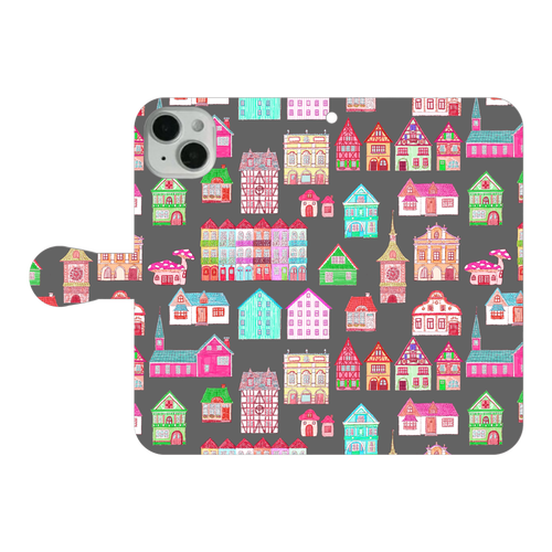 かわいいおうち(black)/iPhone手帳型ケース iPhone14 Plus 手帳型スマホケース