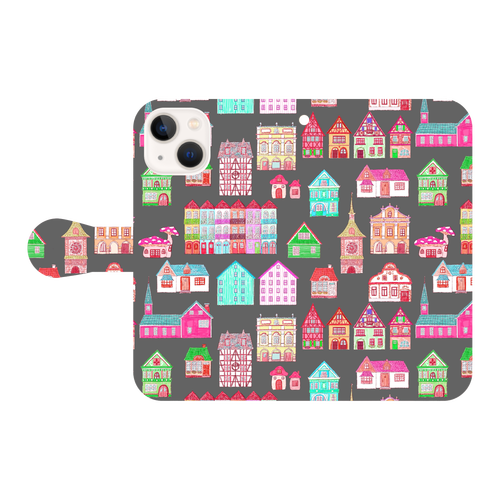 かわいいおうち(black)/iPhone手帳型ケース iPhone13 mini 手帳型スマホケース