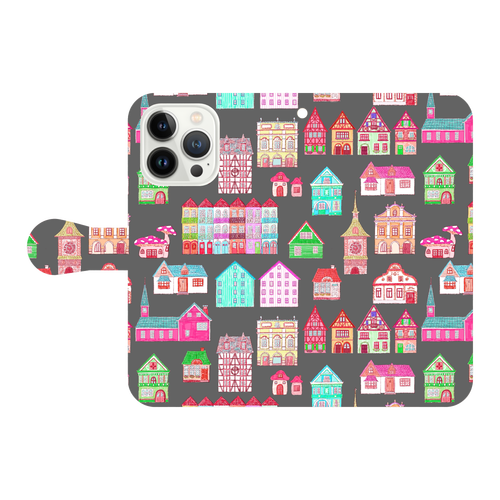 かわいいおうち(black)/iPhone手帳型ケース iPhone13 Pro 手帳型スマホケース