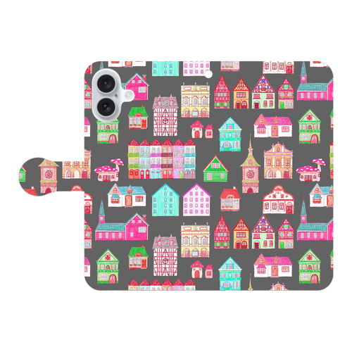 かわいいおうち(black)/iPhone手帳型ケース iPhone16 Plus 手帳型スマホケース