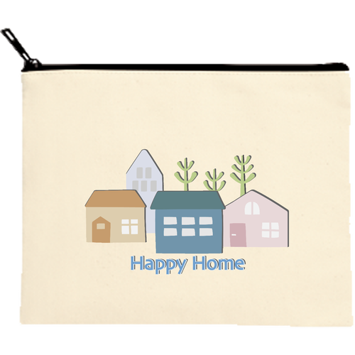 Happy Home キャンバスフラットポーチ（M）【白プリント有】