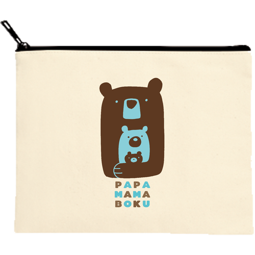 パパママぼく（ちゃいろ） キャンバスフラットポーチ（M）【白プリント有】