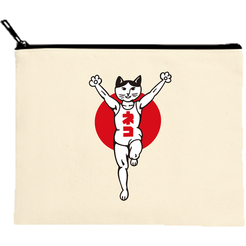 ネコ キャンバスフラットポーチ（M）【白プリント有】
