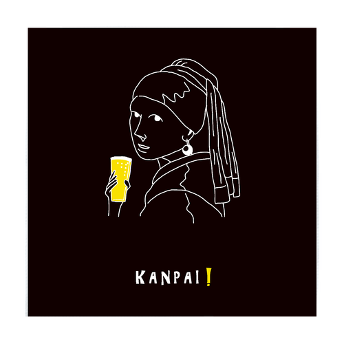 真珠の耳飾りの少女×BEER 白線画 | ソフトタッチミニタオル ソフトタッチミニタオル