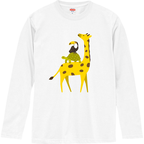 キリンさんに乗るゾウガメくんとオニオオハシくん（文字無し） ロングスリーブTシャツ