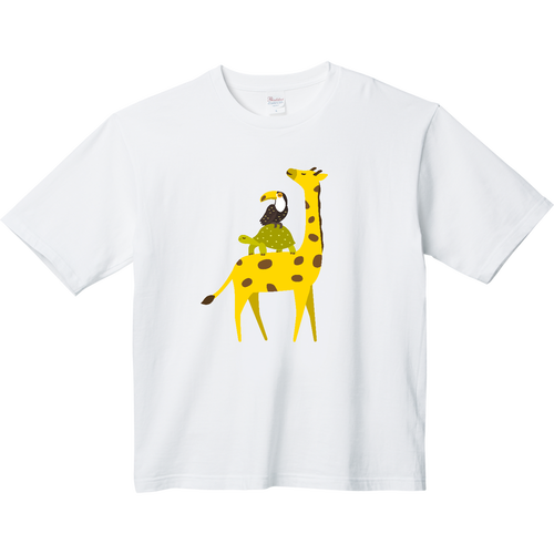 キリンさんに乗るゾウガメくんとオニオオハシくん（文字無し） ヘビーウェイト ビッグシルエットTシャツ