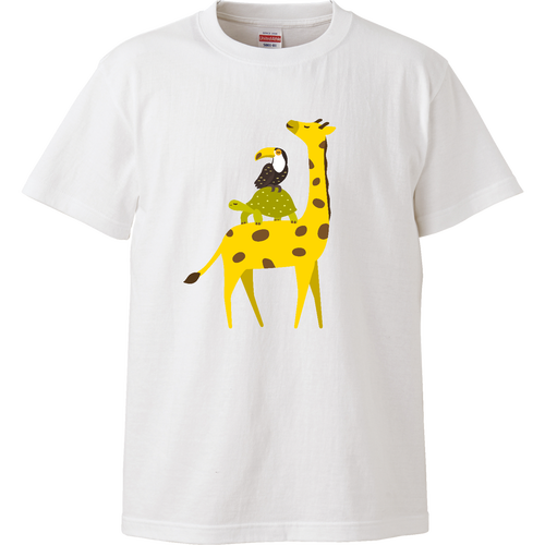 キリンさんに乗るゾウガメくんとオニオオハシくん（文字無し） ハイクオリティーTシャツ