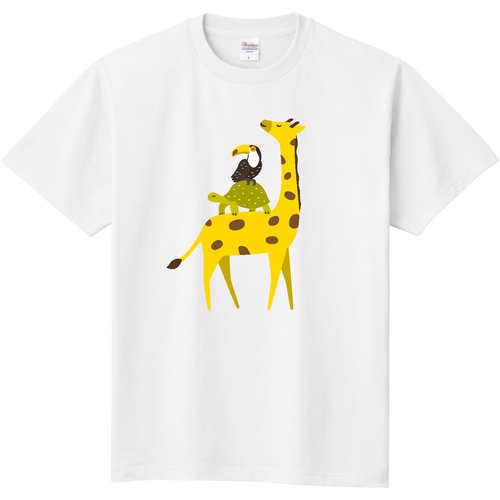 キリンさんに乗るゾウガメくんとオニオオハシくん（文字無し） 定番Ｔシャツ