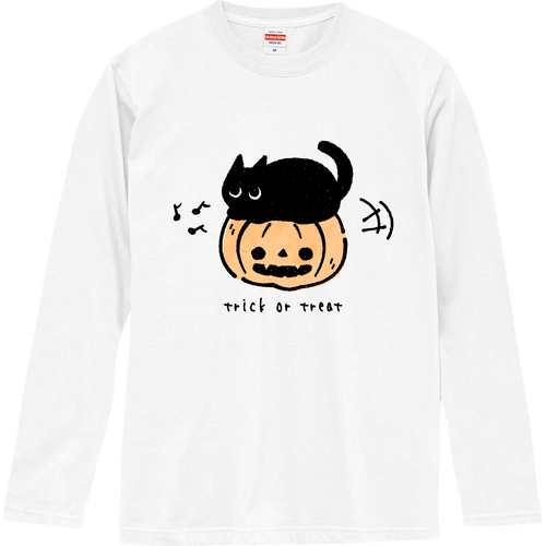 ハロウィン 黒猫とジャックオランタン ロングスリーブTシャツ