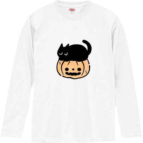 ハロウィン 黒猫とジャックオランタン（文字無し） ロングスリーブTシャツ