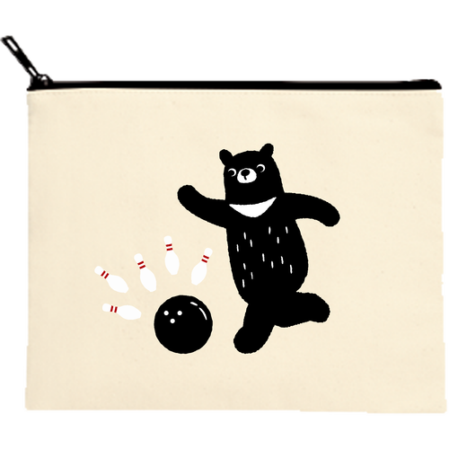 ボウリングくま君 キャンバスフラットポーチ（M）【白プリント有】