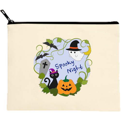 ハロウィン（Spooky Night） キャンバスフラットポーチ（M）【白プリント有】