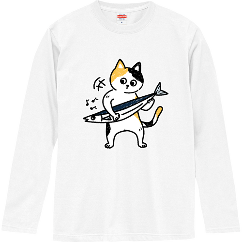秋刀魚（さんま）弾きのみけねこ君！ ロングスリーブTシャツ