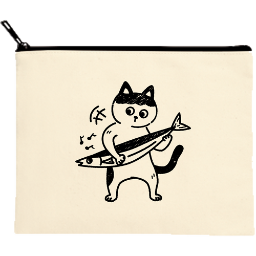 秋刀魚（さんま）弾きのづらねこ君！ キャンバスポーチ（M）【白プリント有】