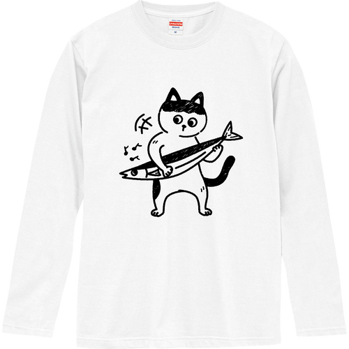秋刀魚（さんま）弾きのづらねこ君！ ロングスリーブTシャツ