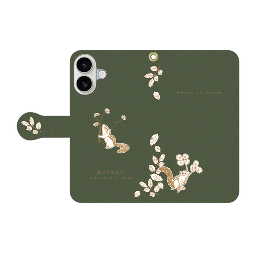 シマリスの手帳型iPhoneケース〈モスグリーン〉 手帳型ベルト付きiPhone17