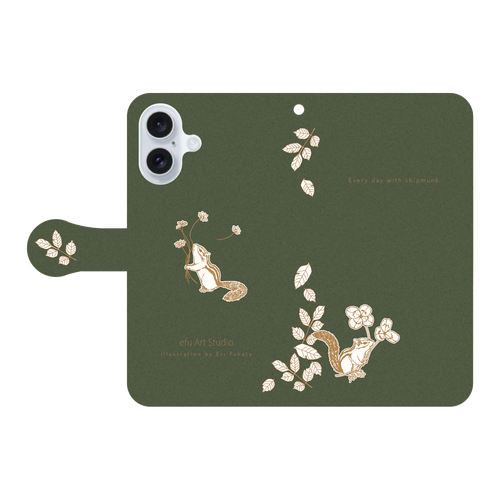 シマリスの手帳型iPhoneケース〈モスグリーン〉 iPhone16 手帳型スマホケース