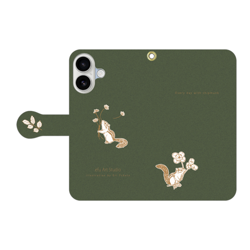 シマリスの手帳型iPhoneケース〈モスグリーン・シンプル〉 手帳型ベルト付きiPhone17