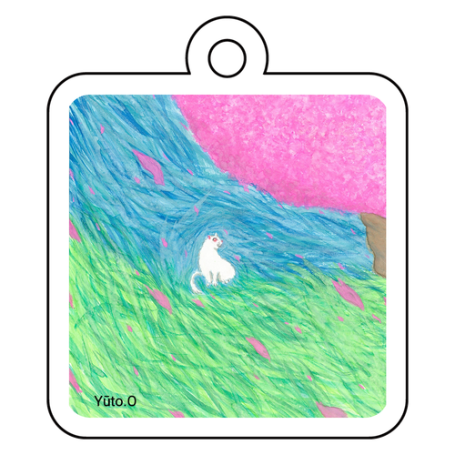 『桜を観る白猫』キーホルダー アクリルキーホルダー　四角型 (4cm)