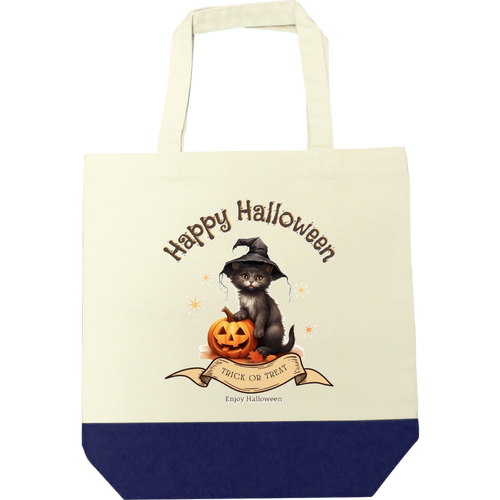 ハロウィン☆黒猫 キャンバスツートントートバッグ（M)