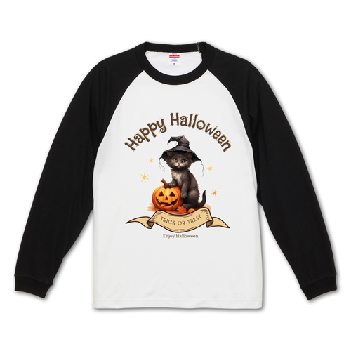 ハロウィン☆黒猫 ラグランロングスリーブTシャツ（1.6インチリブ）