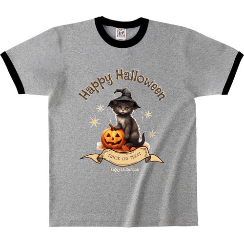 ハロウィン☆黒猫 オープンエンドマックスウェイトリンガーTシャツ