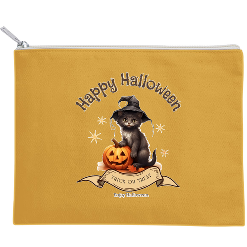 ハロウィン☆黒猫 キャンバスフラットポーチ（M）【白プリント有】