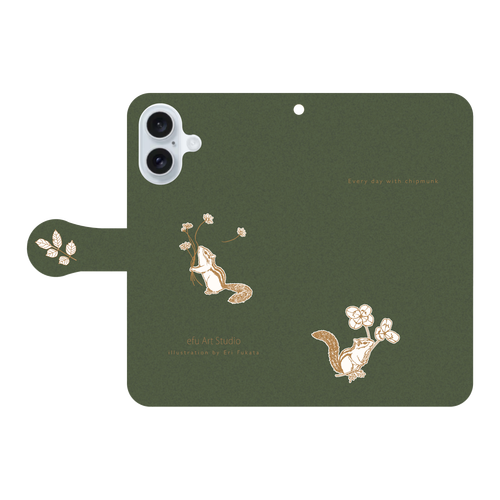 シマリスの手帳型iPhoneケース〈モスグリーン・シンプル〉 iPhone16 手帳型スマホケース